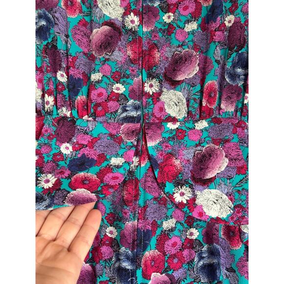 Vintage 1980s Jane Schaffhausen Belle France Prairie Style Teal Floral Dress 10 - Picture 4 of 8